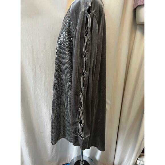 Roamans gray silver sequin velvet bling top shirt cut out criss cross sleeve 14 - Picture 4 of 11